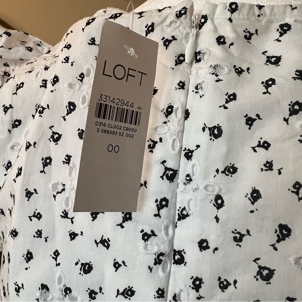 Loft White Eyelet 100% Cotton Ruffle Sleeve Dress White and Black - Picture 4 of 5